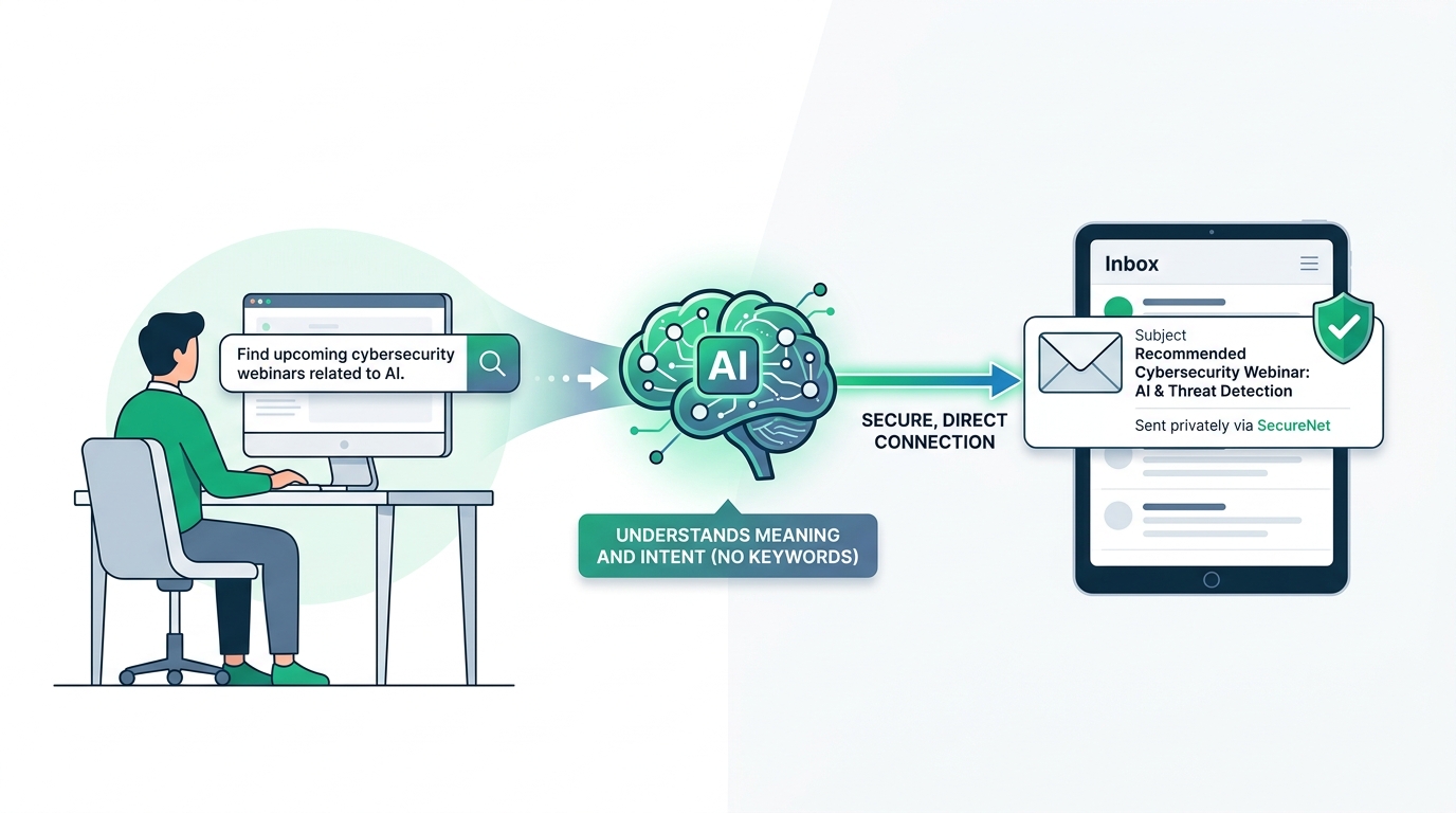 Visual diagram showing how simple plain-English sentences connect directly to private email alerts